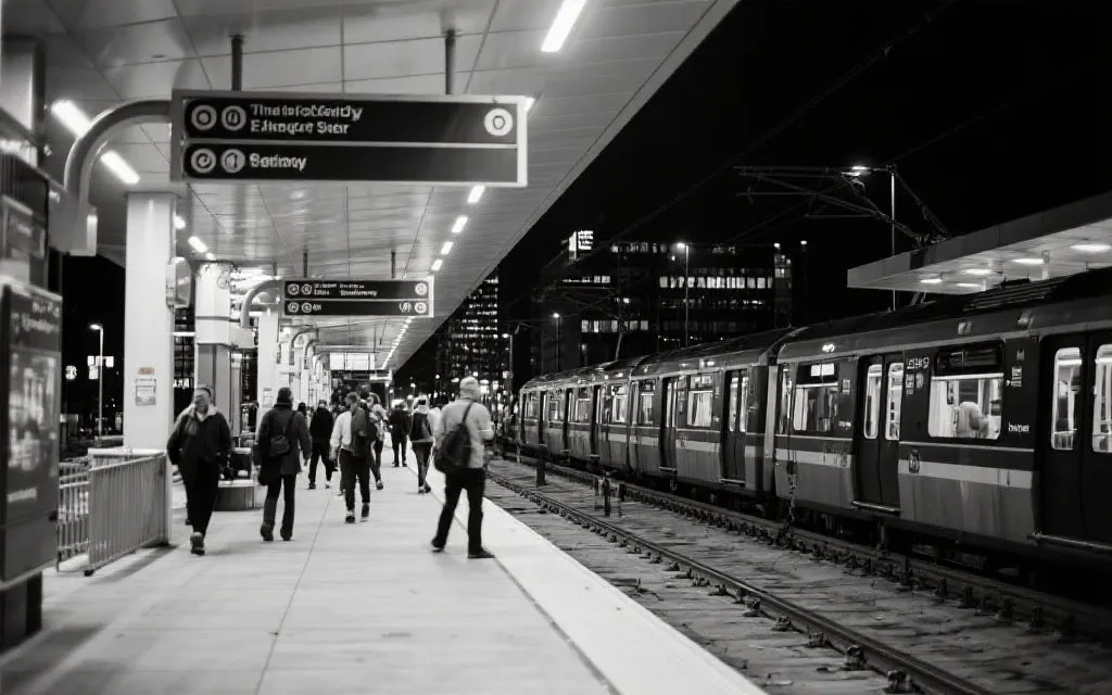 城市夜景与公共交通枢纽的指示牌，人流有序分流，适合夜间回程规划